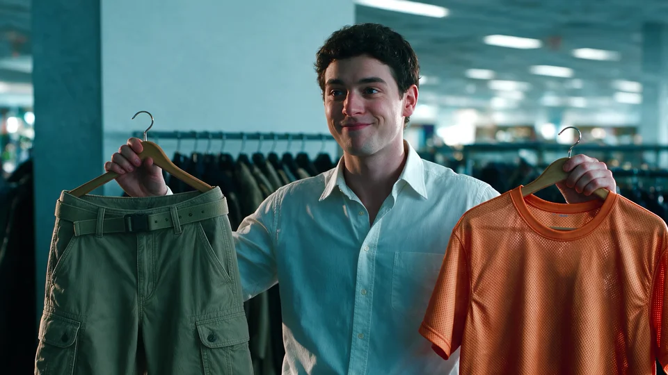 A retail associate holds up green shorts and an orange shirt