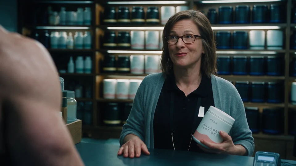 A supplement store clerk holds a tub of collagen while speaking to a customer